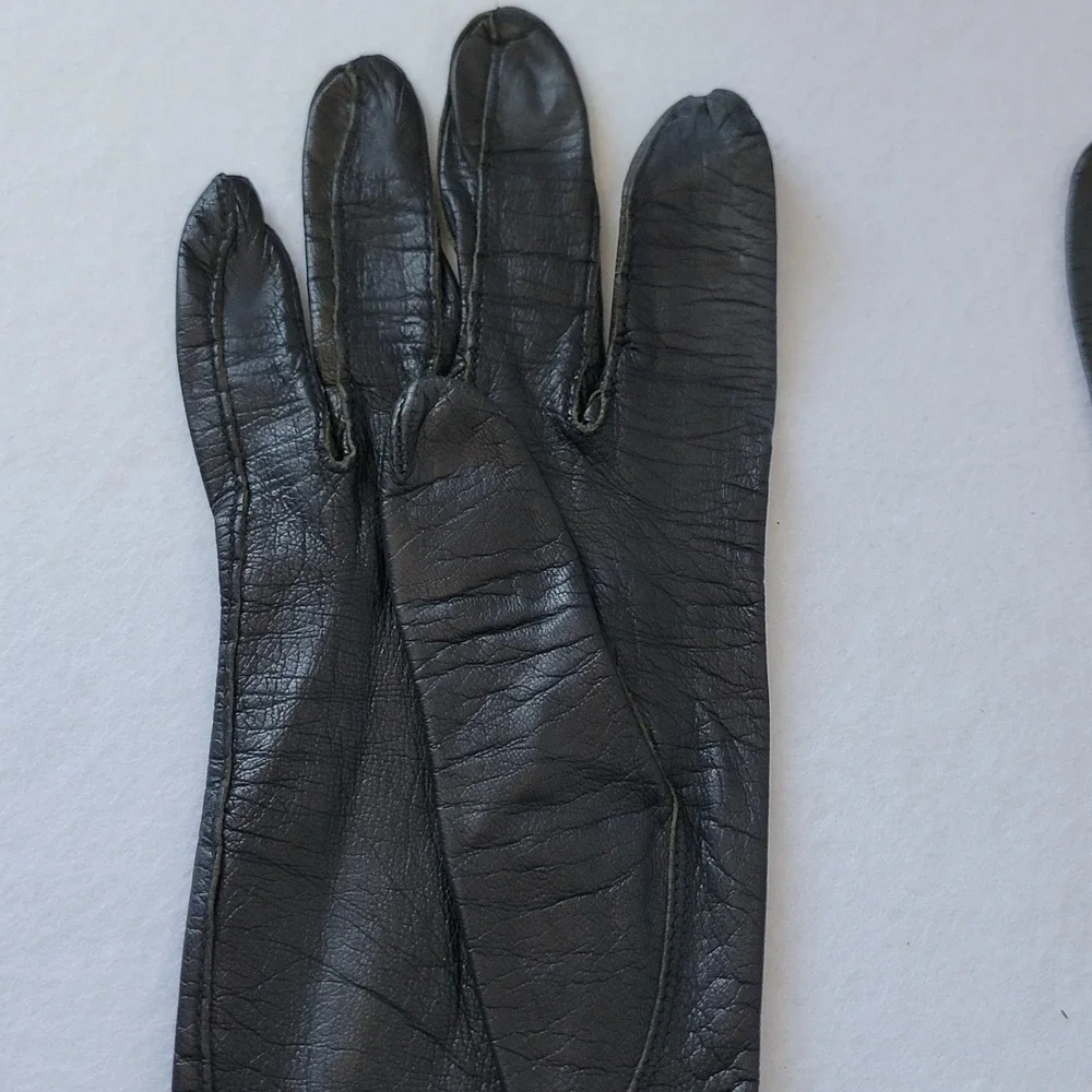Vtg Ladies Long Opera Kislav Kid Leather Black Gloves Sz 6 1/2